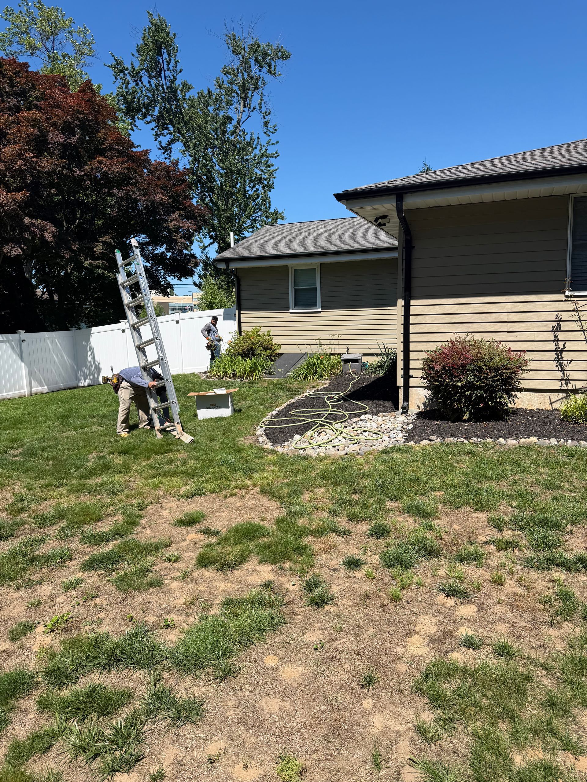 Backyard with a dog near a ladder, white fence, and beige house under sunny sky