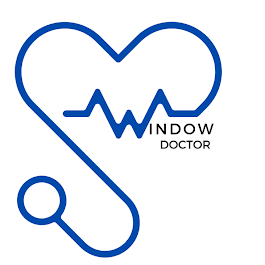 Blue stethoscope heart logo with ECG line and the words &ldquo;Window Doctor&rdquo;
