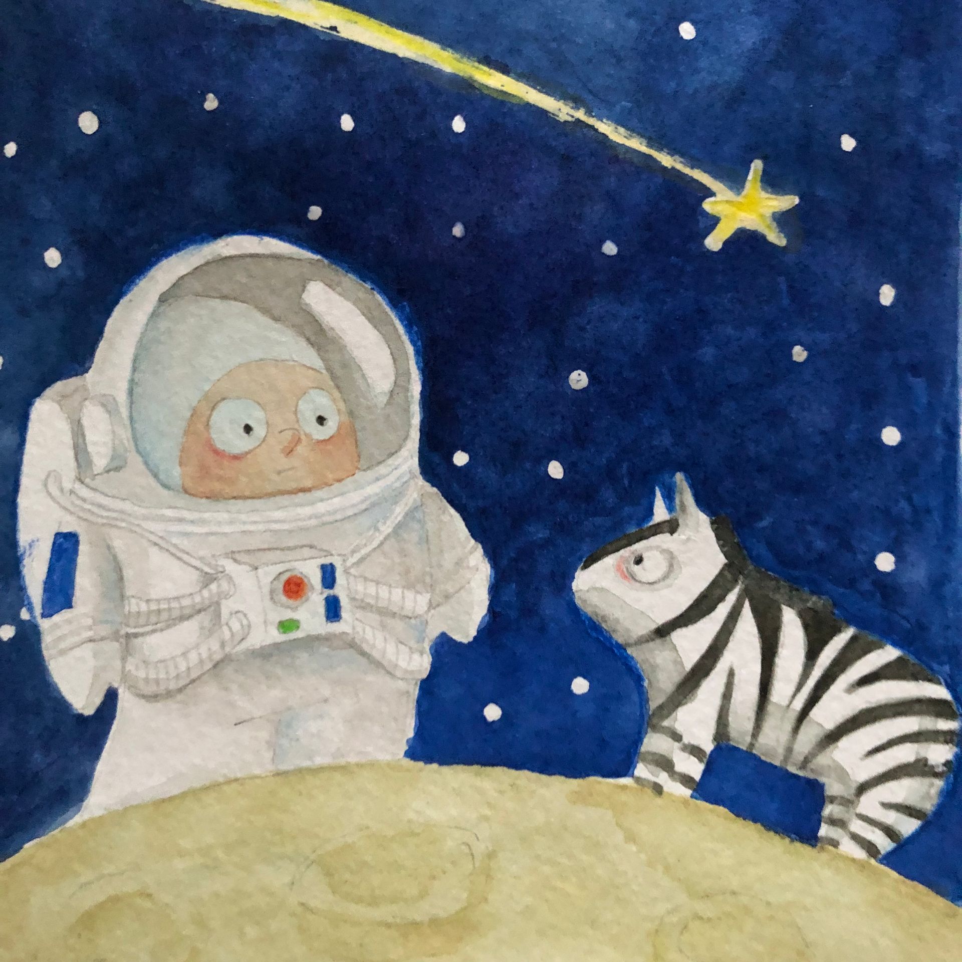 illustrazione per bambini, lo strano incontro di un astronauta e una zebra