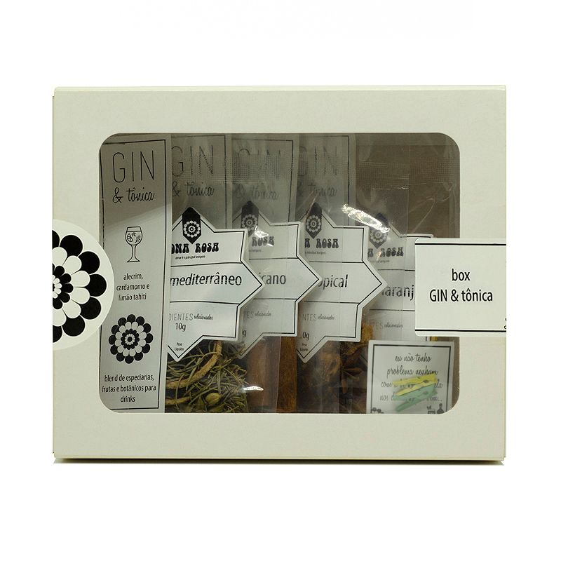 kit gin e tônica com tags e grampinhos para decorar as taças, seis sabores de blends para gin.