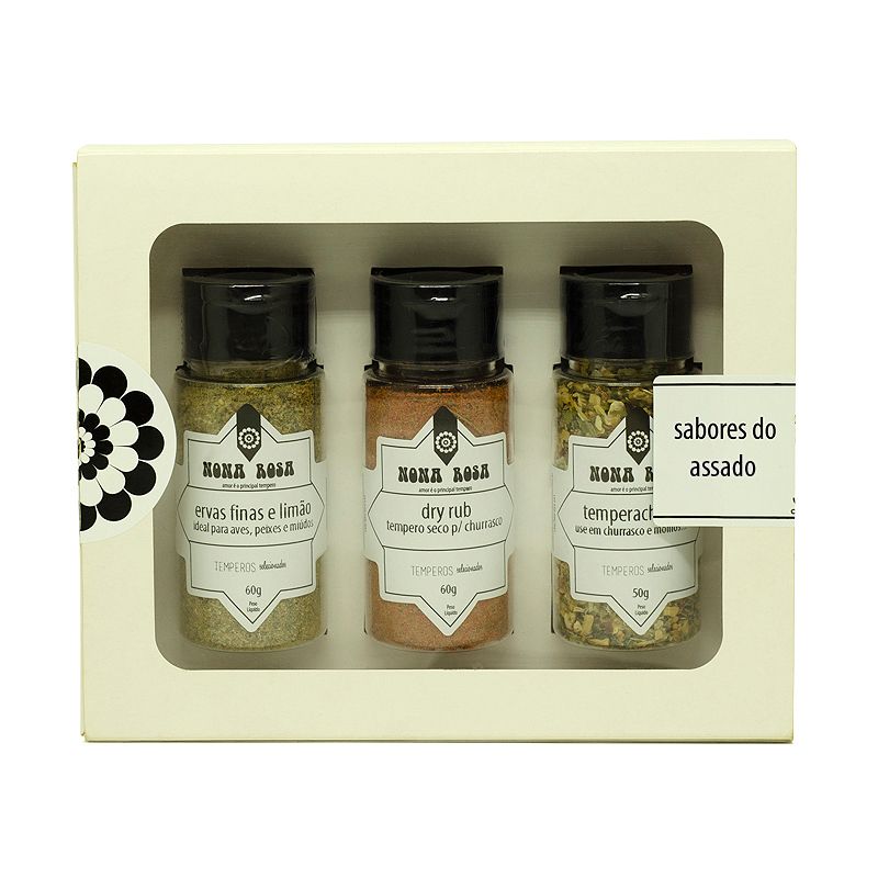 kit de temperos para assado com ervas finas e limão, tempero chimichurri e dry rub.