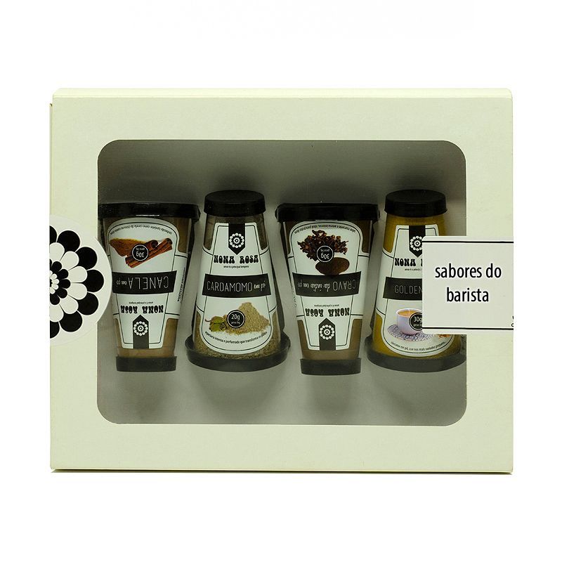 kit de especiarias e masalas para café, com golden milk, cravo, canela e cardamomo.