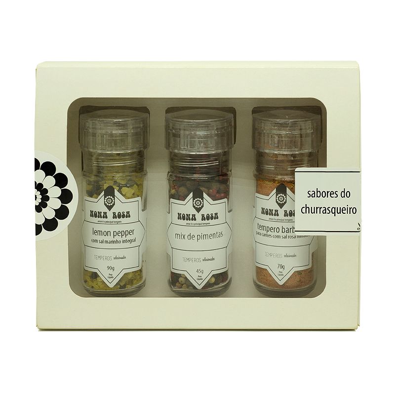 kit de temperos e especiarias para churrasco com embalagem com tampa moedora: mix de pimentas, lemon pepper e tempero barbecue para churrasco.
