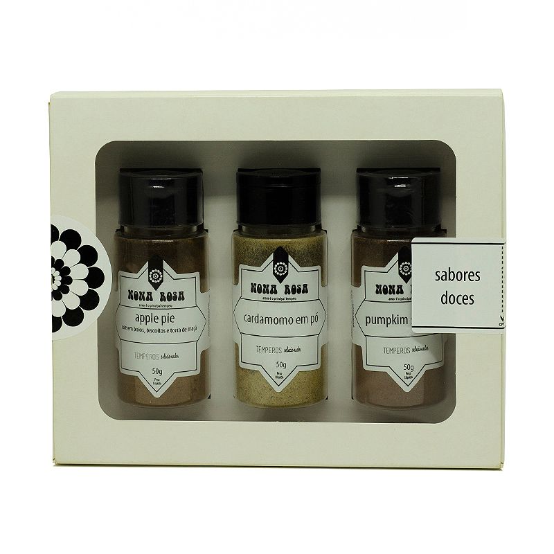 kit de especiarias e masalas para doces com apple pie, cardamomo em pó e pumpkin spice.