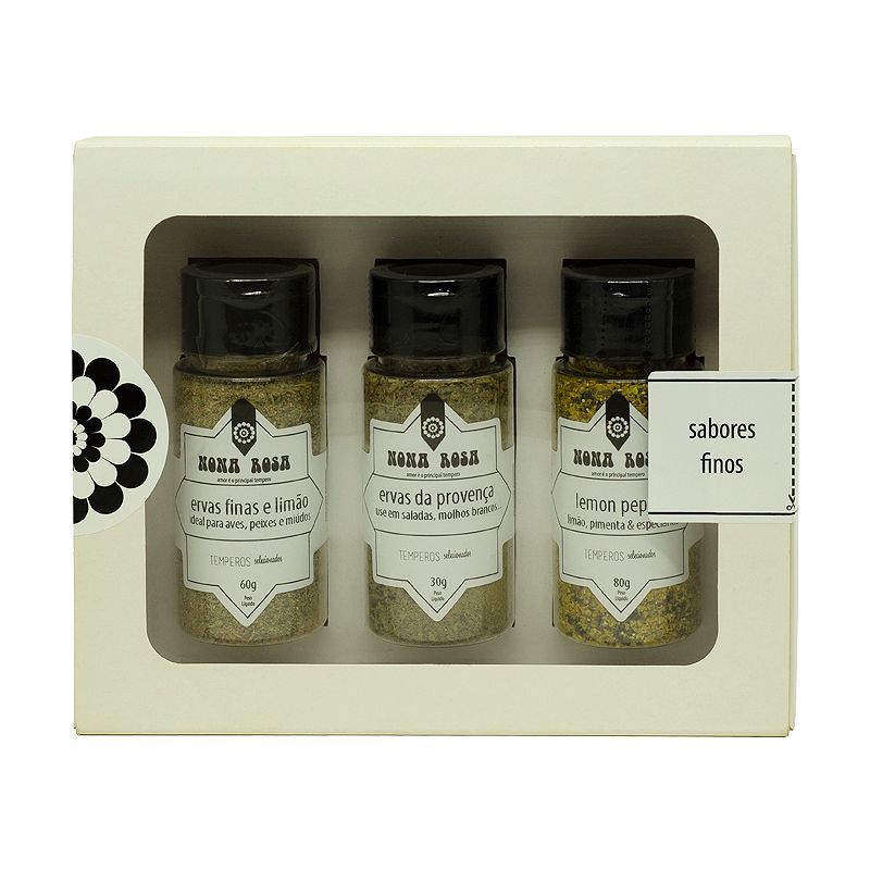 kit com temperos para pratos finos: ervas da provença, ervas finas e limão e lemon pepper.