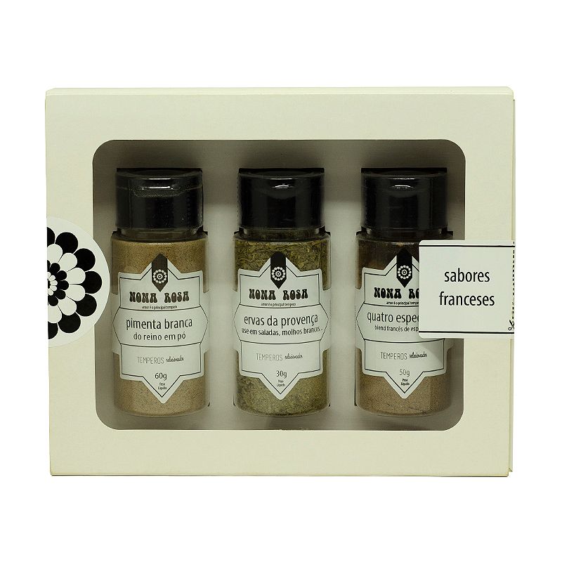 kit de sabores com temperos e especiarias da culinária francesa: pimenta do reino branca, ervas da provença e quatro especiarias.