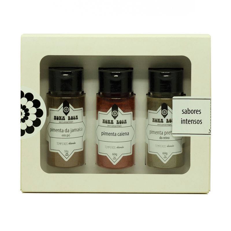 kit de sabores intensos, com três variedades de pimentas: do reino  branca, pimenta caiena e pimenta da jamaica.