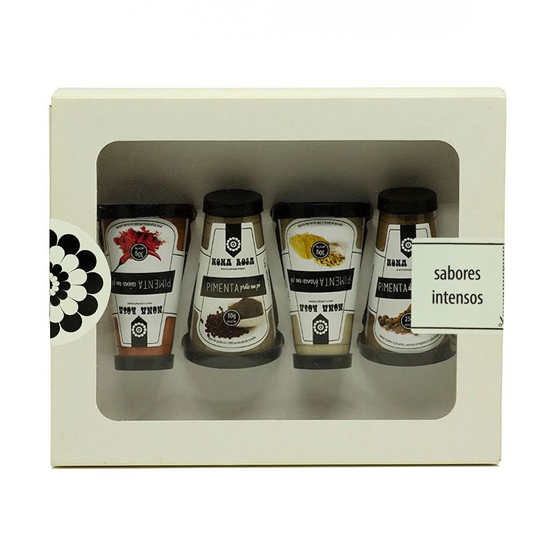 kit de sabores intensos, com quatro variedades de pimentas: do reino preta e branca, da jamaica e caiena.