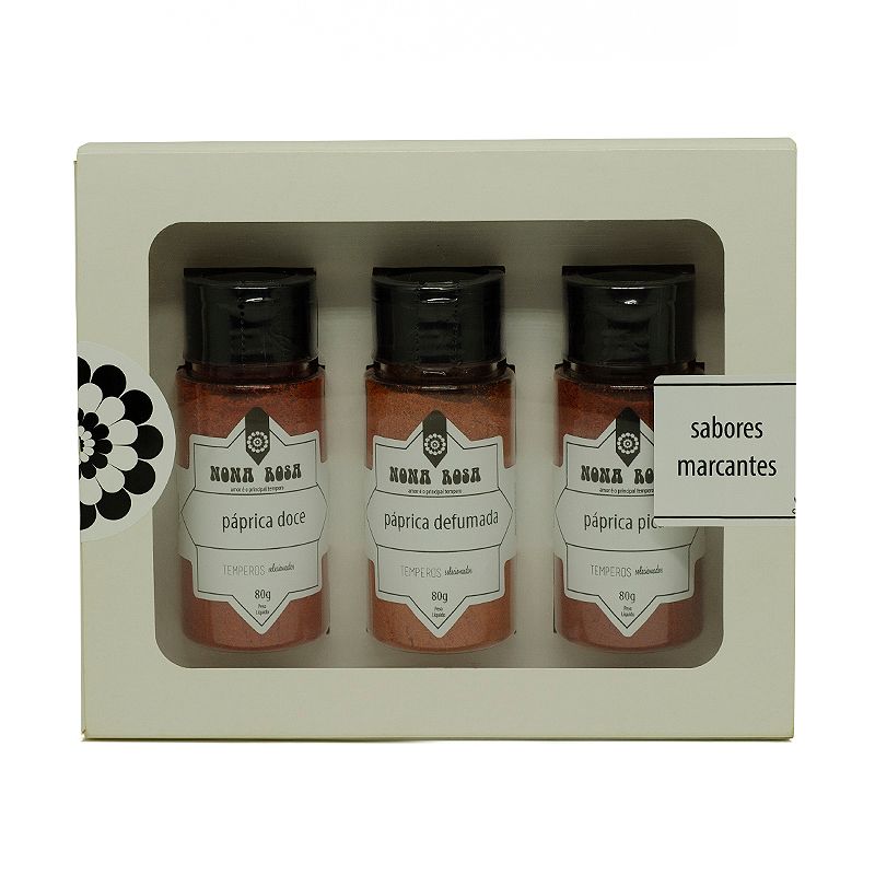 kit de sabores marcantes contém as três pápricas indispensáveis para os pratos: páprica doce, picante e defumada.