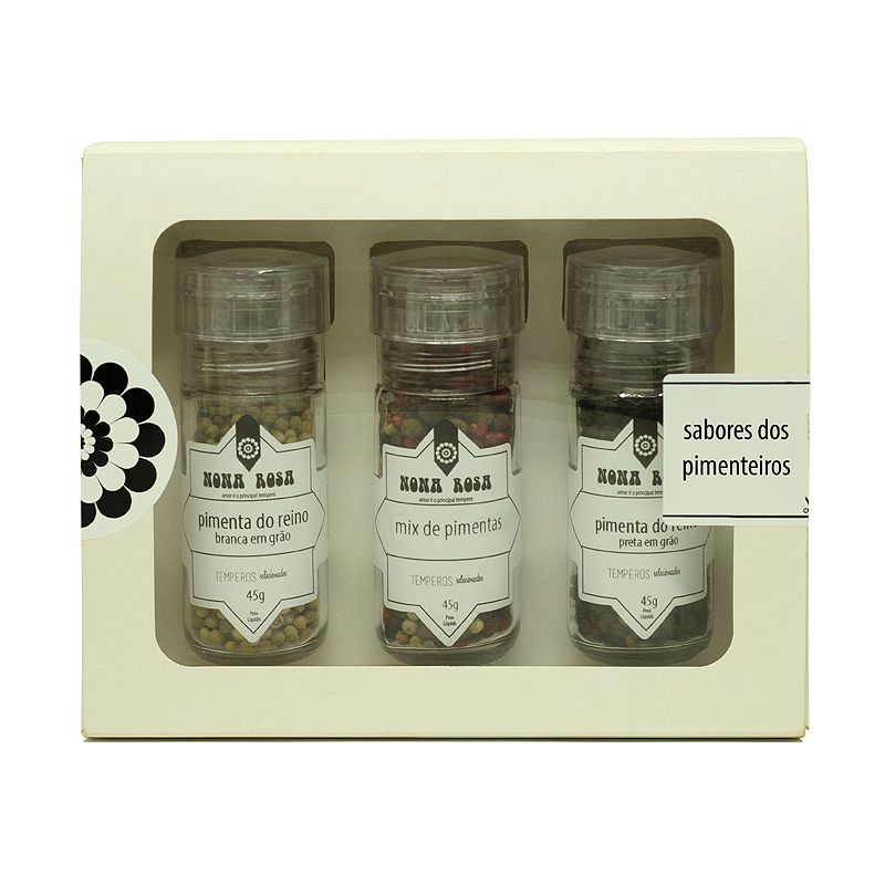kit de sabores com pimentas e mix em embalagem com moedor.