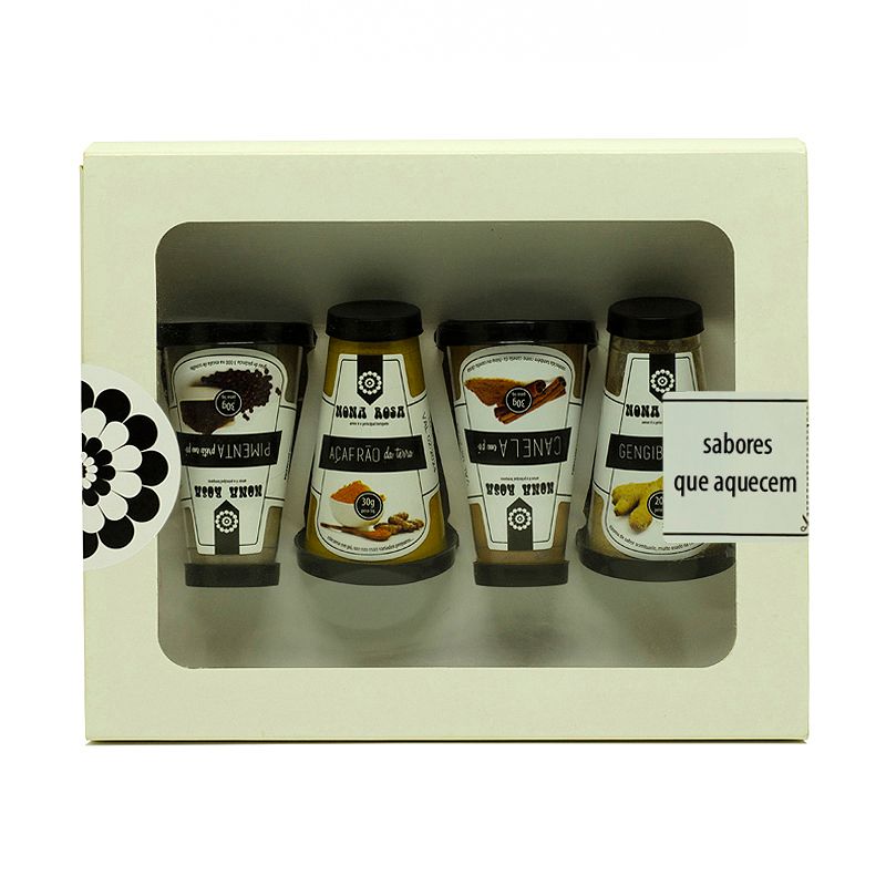 kit de sabores com funções estimulantes do metabolismo, com cúrcuma, canela, pimenta do reino e gengibre em pó.