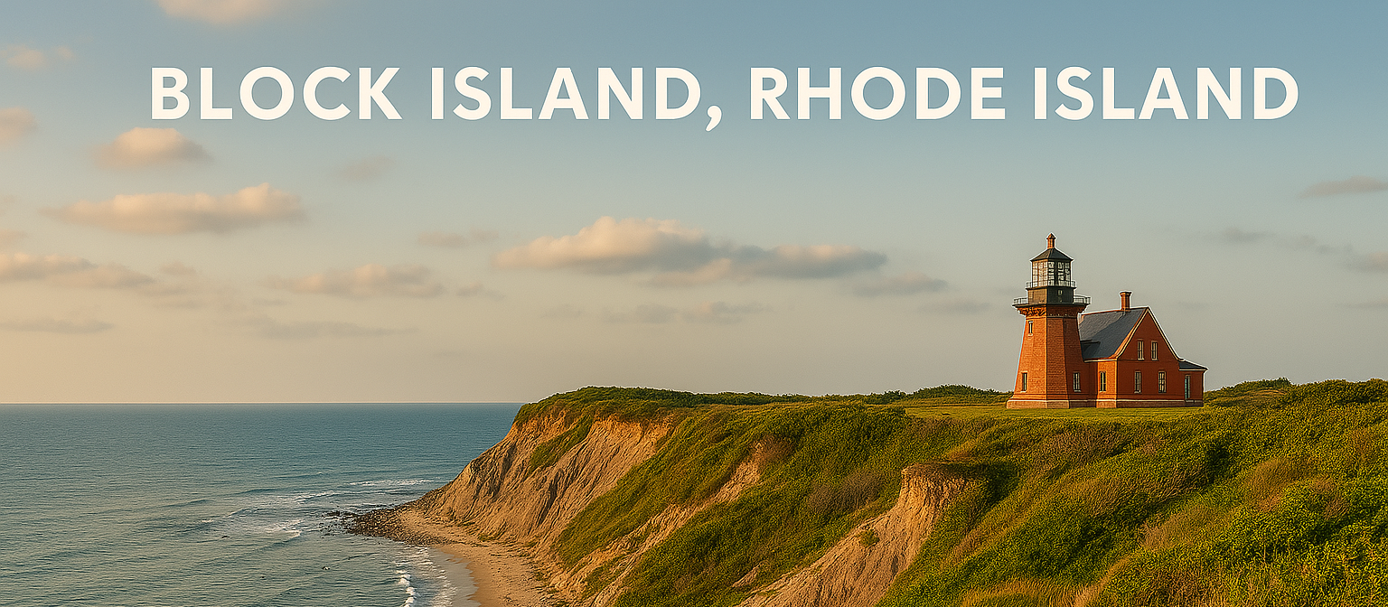 A lighthouse and a cliff overlooking the ocean in Block Island Rhode Island