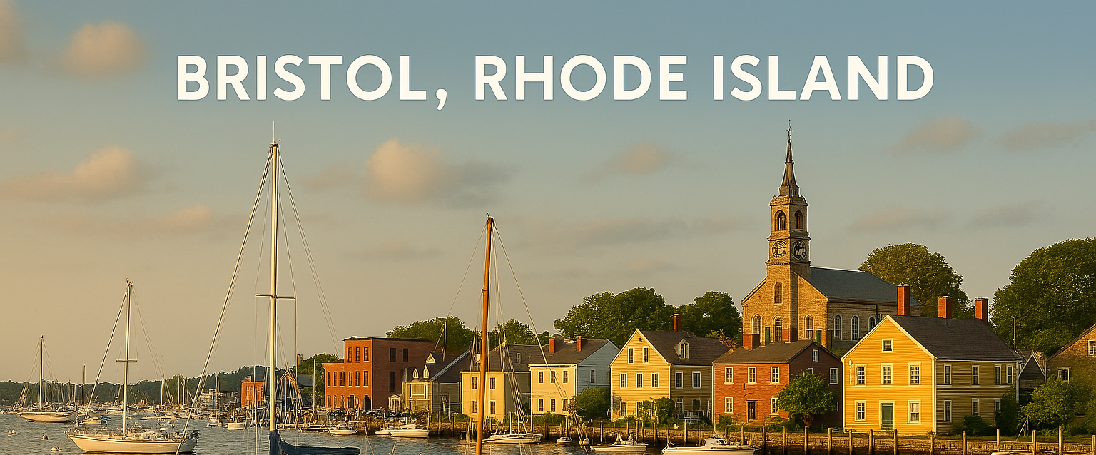A church and old buildings with sailboats in the water in Bristol Rhode Island