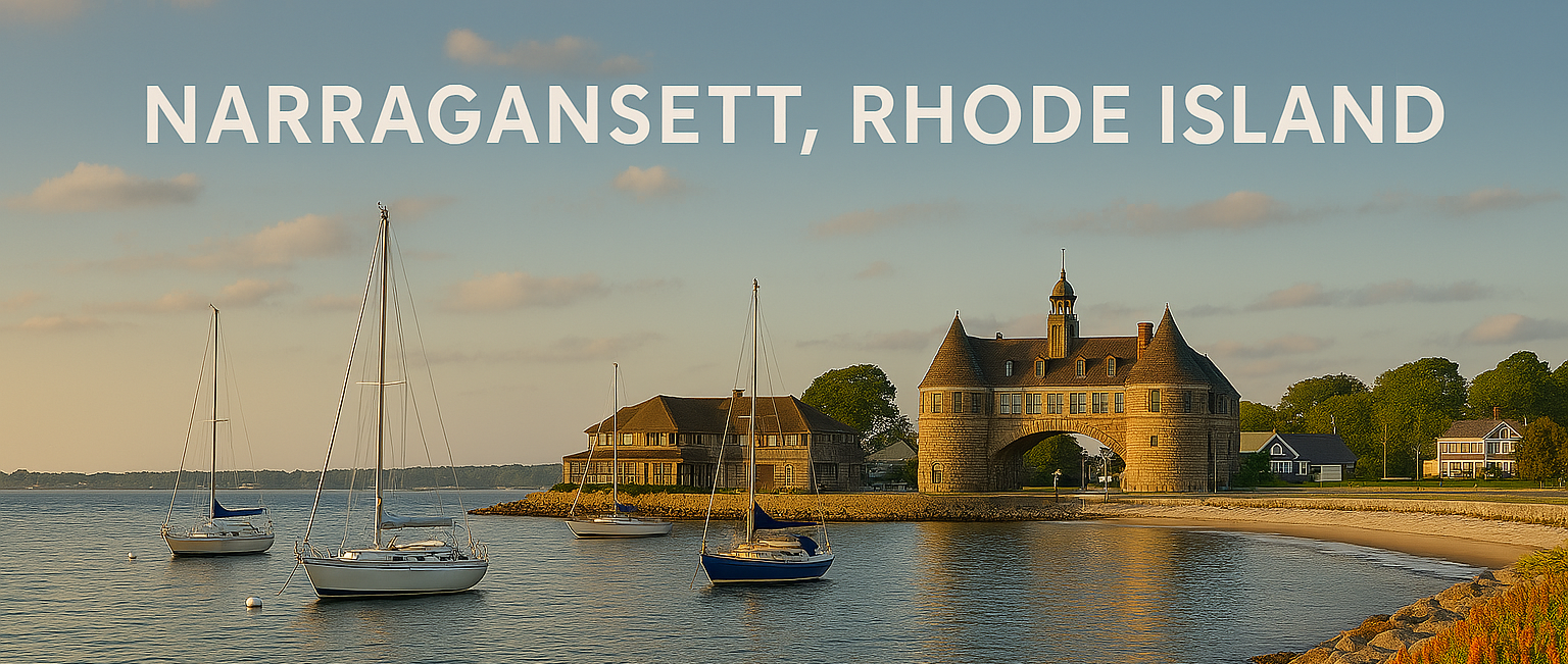 Sailboats in the water and scenic buildings in the background in Narragansett Rhode Island