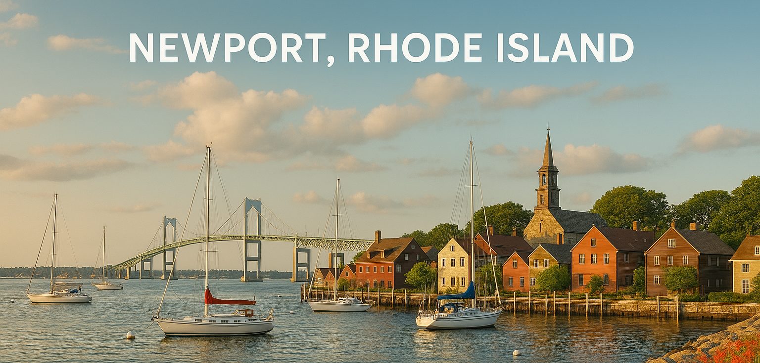 Sailboat in the water with a bridge and quaint buildings in the background in Newport Rhode Island