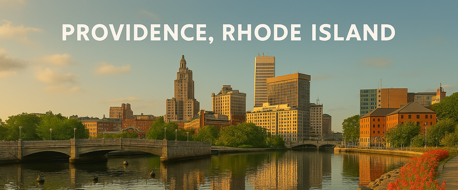 The city building in Providence Rhode Island with a bridge over water with ducks