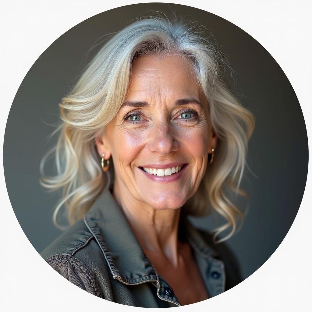 Woman with blonde wavy hair, smiling, wearing a green jacket.