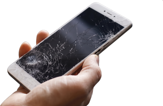 Hand holding a white smartphone with a cracked black screen