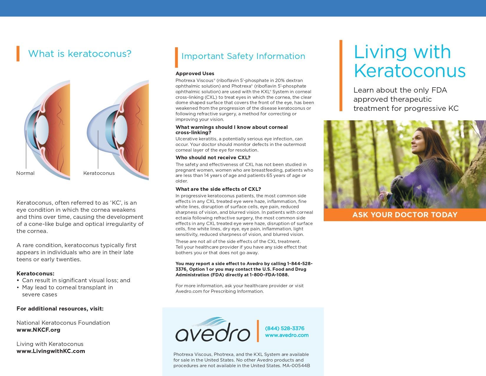 Brochure titled “Living with Keratoconus” with eye diagrams, text, and a doctor photo on a white background