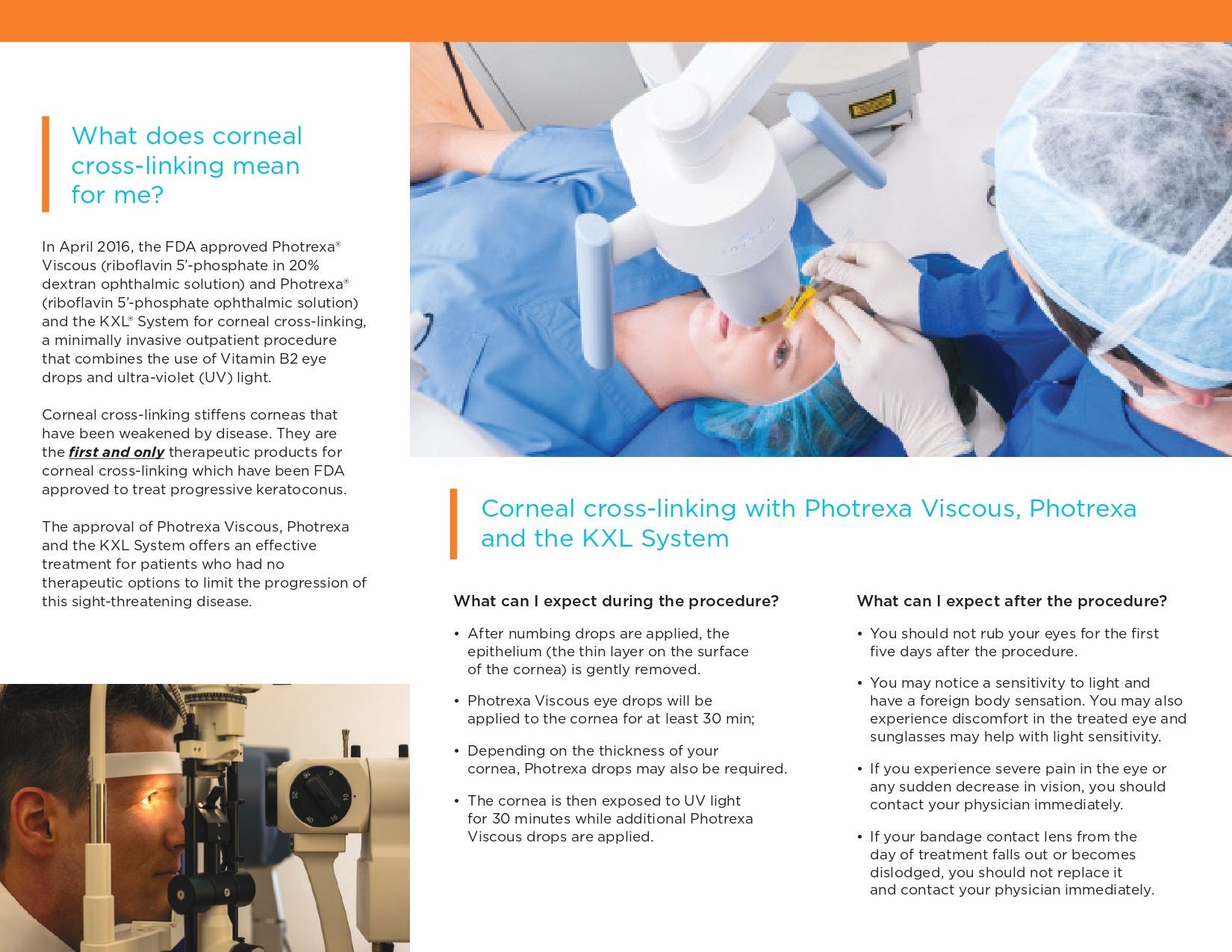 Dental brochure showing a patient in surgery and a dentist examining eyes in a clinical setting