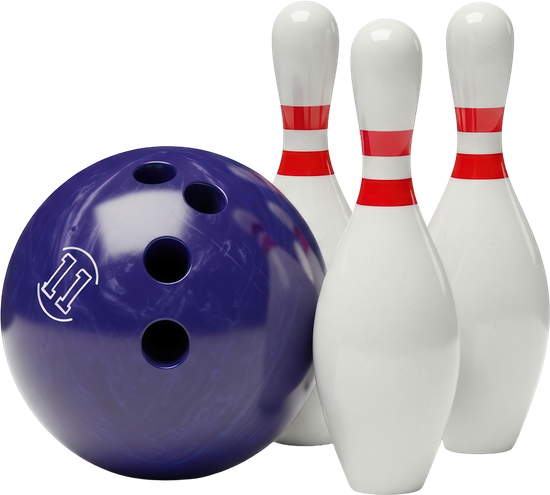 Purple bowling ball with three white pins and red stripes