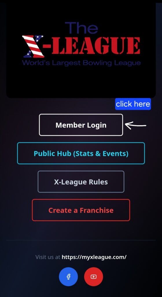 X-League mobile menu with logo and buttons for Member Login, Public Hub, Rules, and Create a Franchise X-League mobile menu with logo and buttons for Member Login, Public Hub, Rules, and Create a Franchise