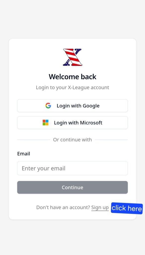 Login screen with email field, Google and Microsoft sign-in buttons, and a blue “click here” link at bottom. Login screen with email field, Google and Microsoft sign-in buttons, and a blue “click here” link at bottom.