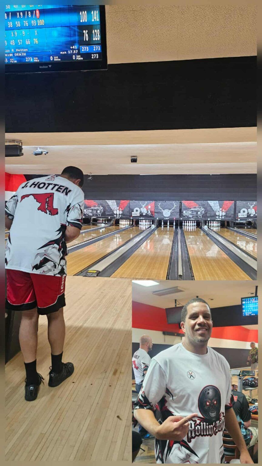 Bowling alley scene with a player preparing a throw and a small inset of a smiling bowler holding a trophy