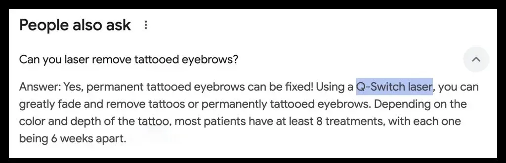 A Google search result snippet stating that permanent tattooed eyebrows can be removed using Q-Switch laser treatment.