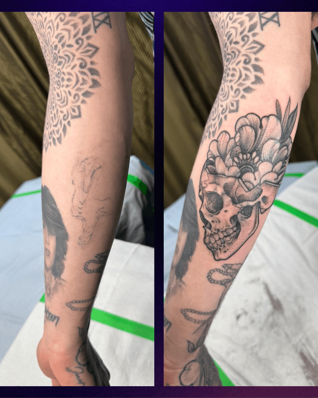Side-by-side photos of a tattooed forearm, showing a sleeve tattoo and a skull tattoo design.