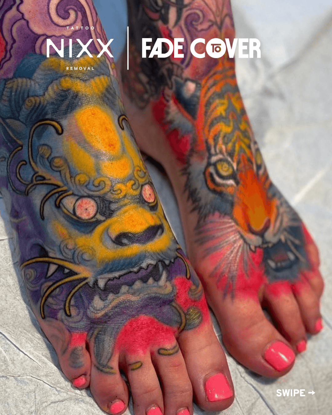 Colorful animal face tattoos cover two feet with bright pink toenails.