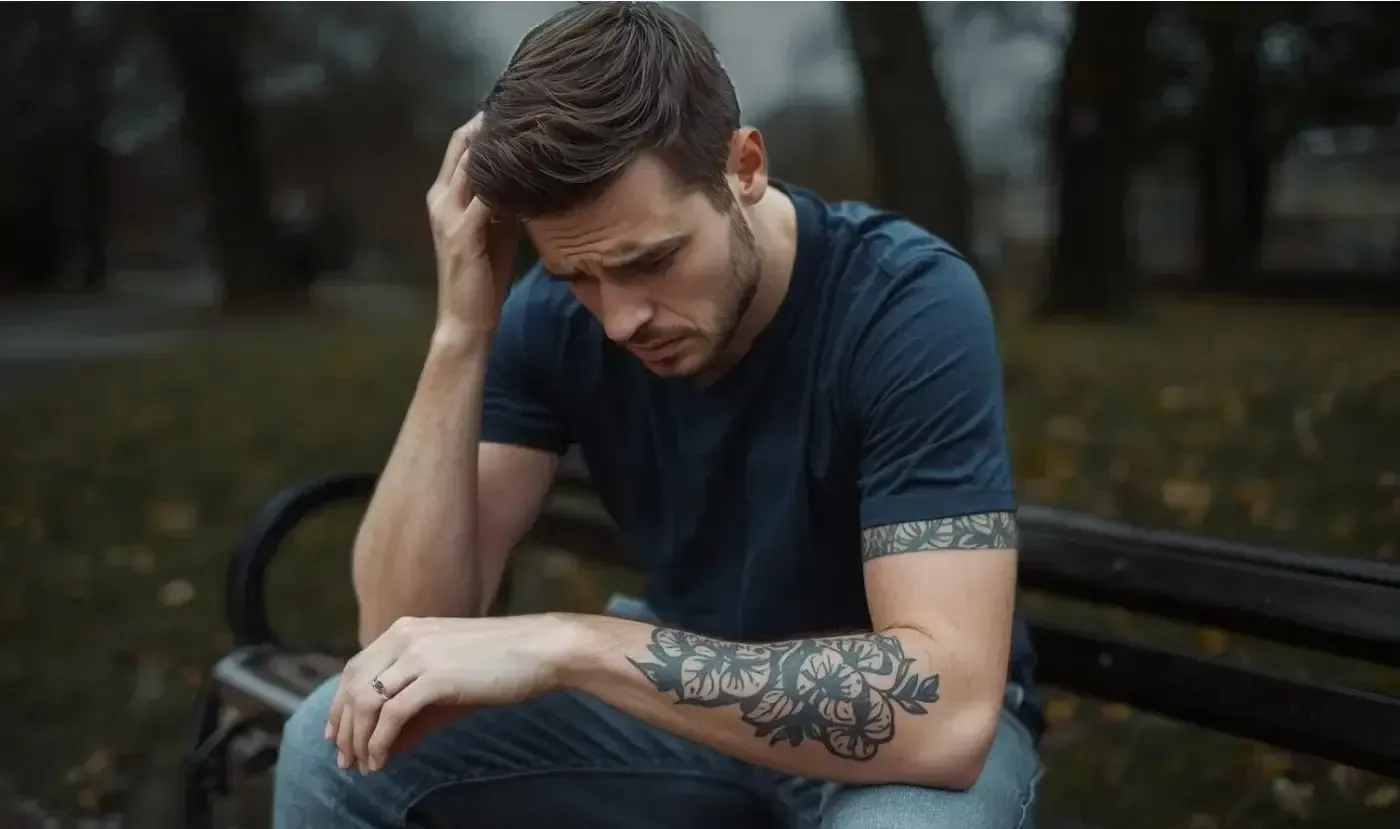 Man with arm tattoos sits on a park bench, head in hand, looking down, appearing sad.