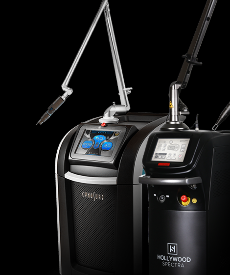 Black Picosure and Hollywood Spectra laser machine with attached arms and digital touchscreens.