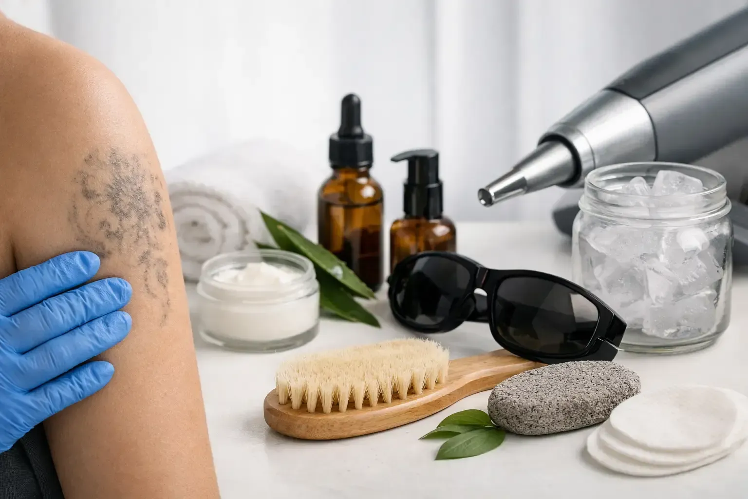 Blue-gloved hand on tattooed arm, oils, scrub jar, sunglasses, and brush on white surface