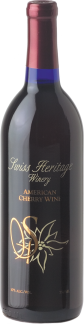 Wine bottle with dark label, gold lettering, and a red and blue neck.