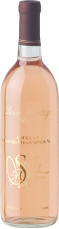 Bottle of pale pink wine with a dark purple top.