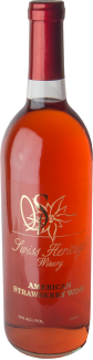 Bottle of Swiss Flora Winery strawberry wine. Amber liquid and red cap.