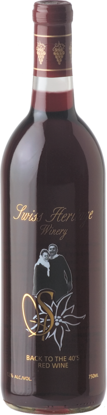 Wine bottle with dark red liquid, black label with gold lettering and illustration.