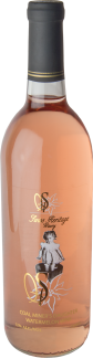 Bottle of rosé wine with a dark cap and gold label details.