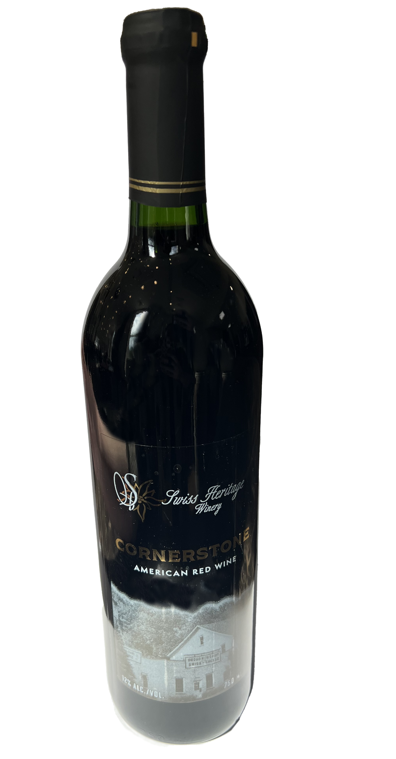 Wine bottle with a dark glass, black cap, and label on the front.
