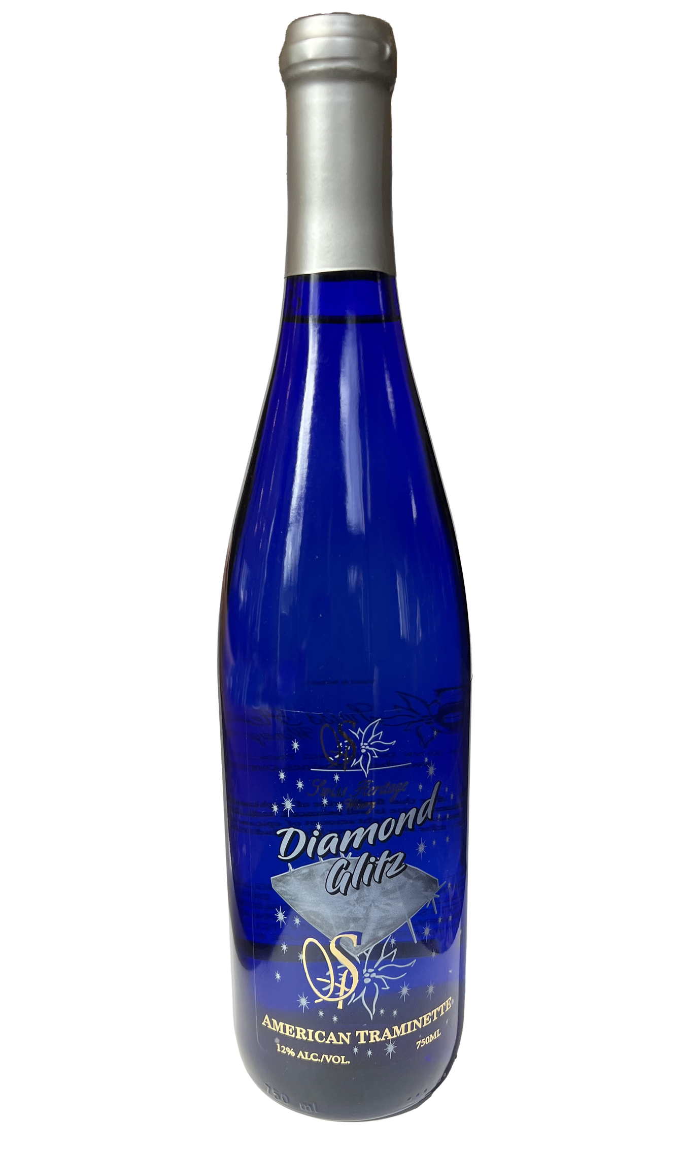 Bottle of Diamond Gills wine, blue glass, silver cap, white label.