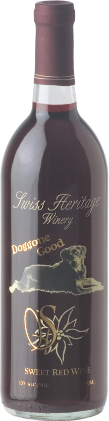 Bottle of red wine with a golden dog graphic and gold text on a dark label.