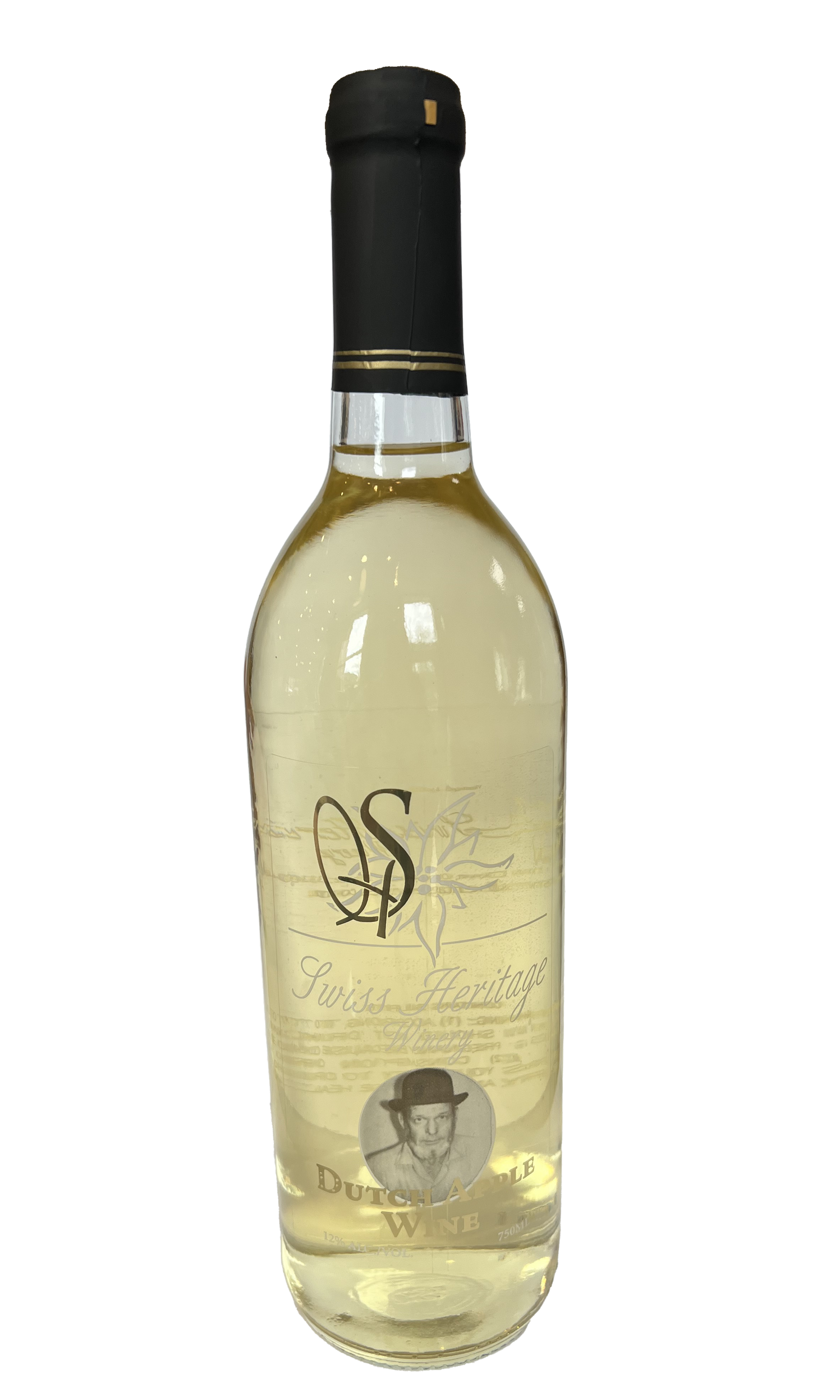 Bottle of white wine with a black cap and label, featuring a man's image.