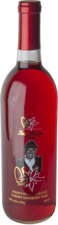 A red wine bottle with a label showing a woman's portrait.