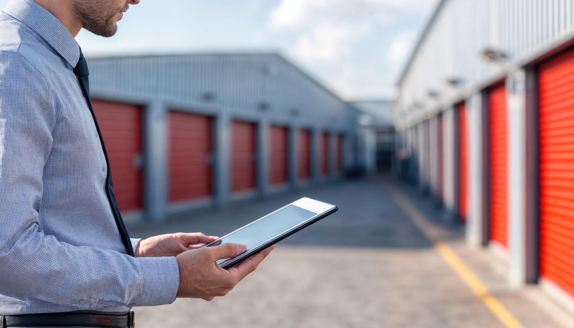 Person holding a tablet while standing in front of storage units with red doors. Person holding a tablet while standing in front of storage units with red doors.