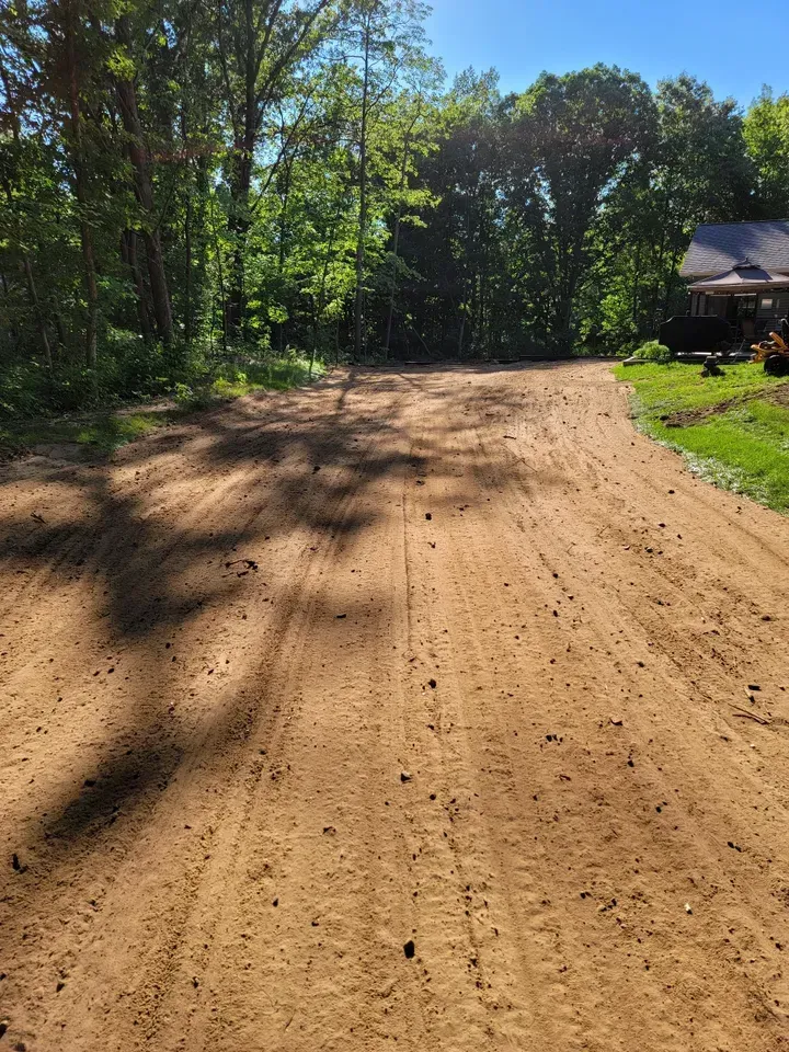 Dirt road leading into a treeline on a sunny day.