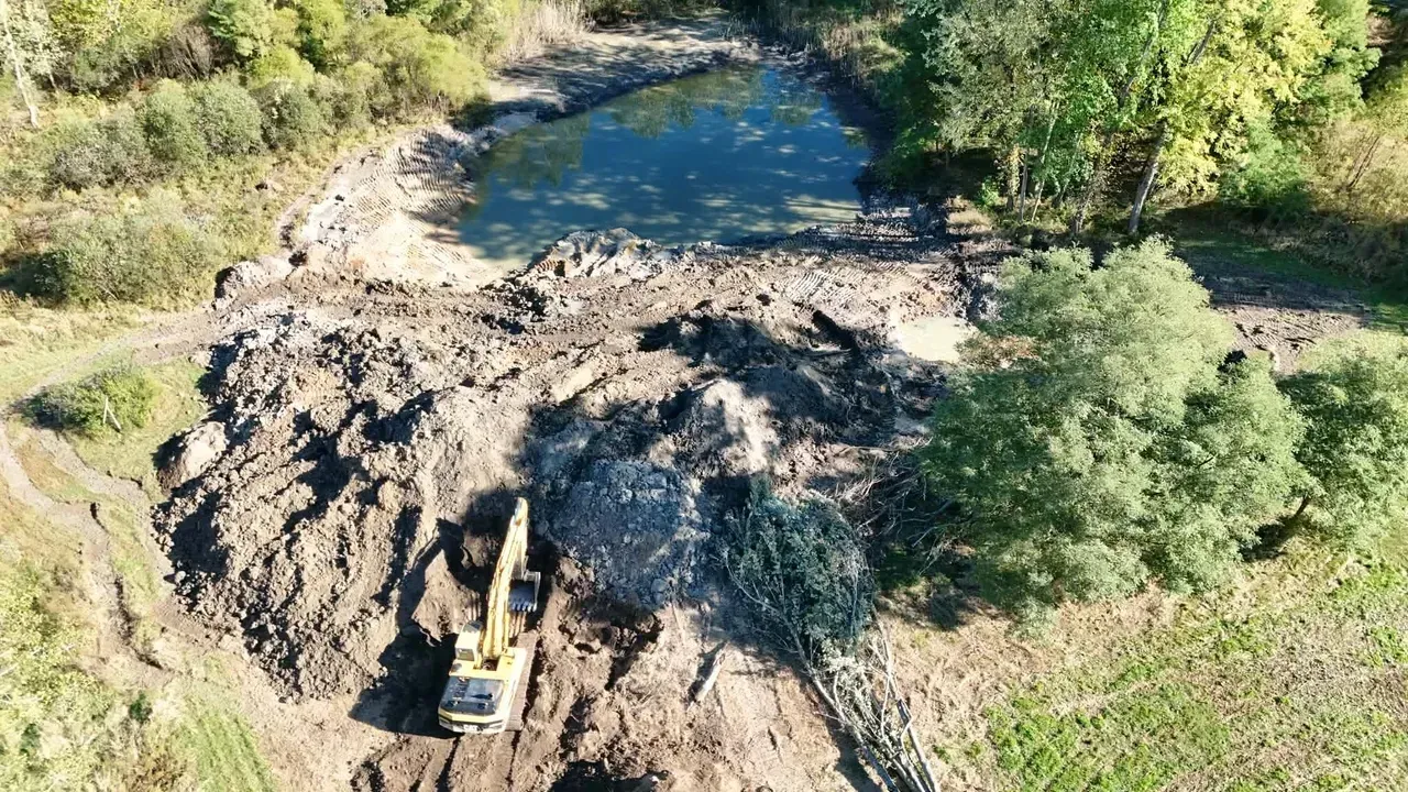 Yellow excavator digging in dirt near a pond, surrounded by trees and vegetation.