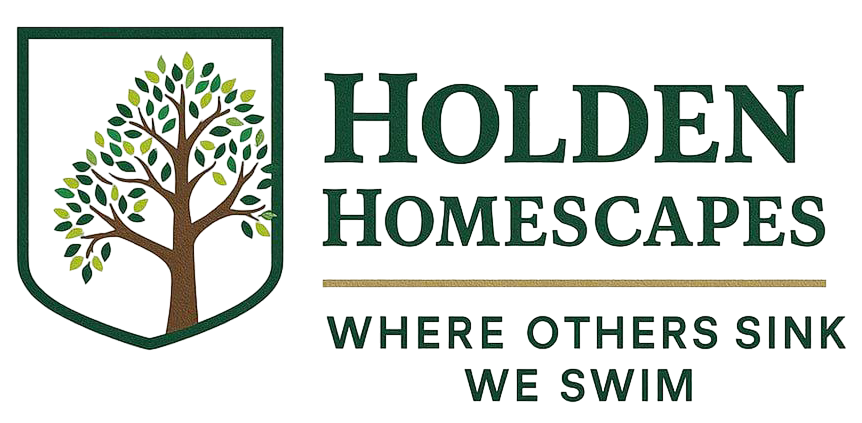 Logo for Holden Homescapes featuring a tree in a shield, dark green text, and the tagline "Where others sink we swim."