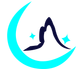 Uma lua crescente azul com a silhueta de uma pessoa em pose de ioga.
