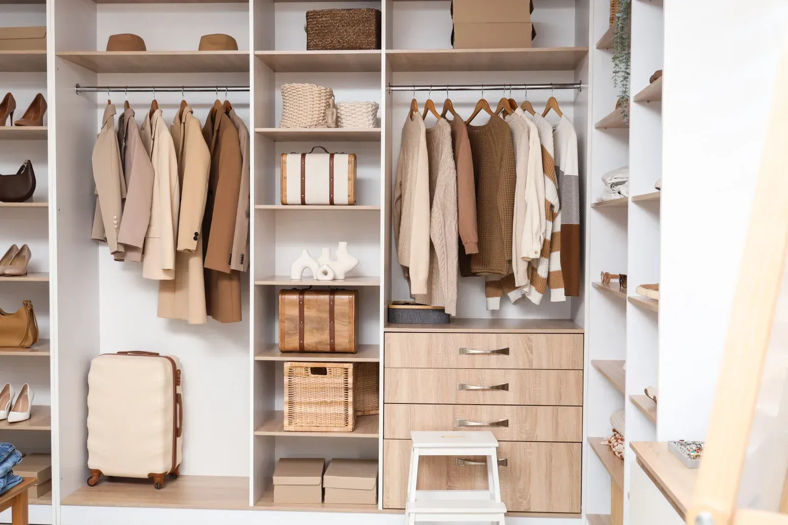 Closet with neutral-toned clothes, shoes, and accessories organized on shelves and hanging rods.